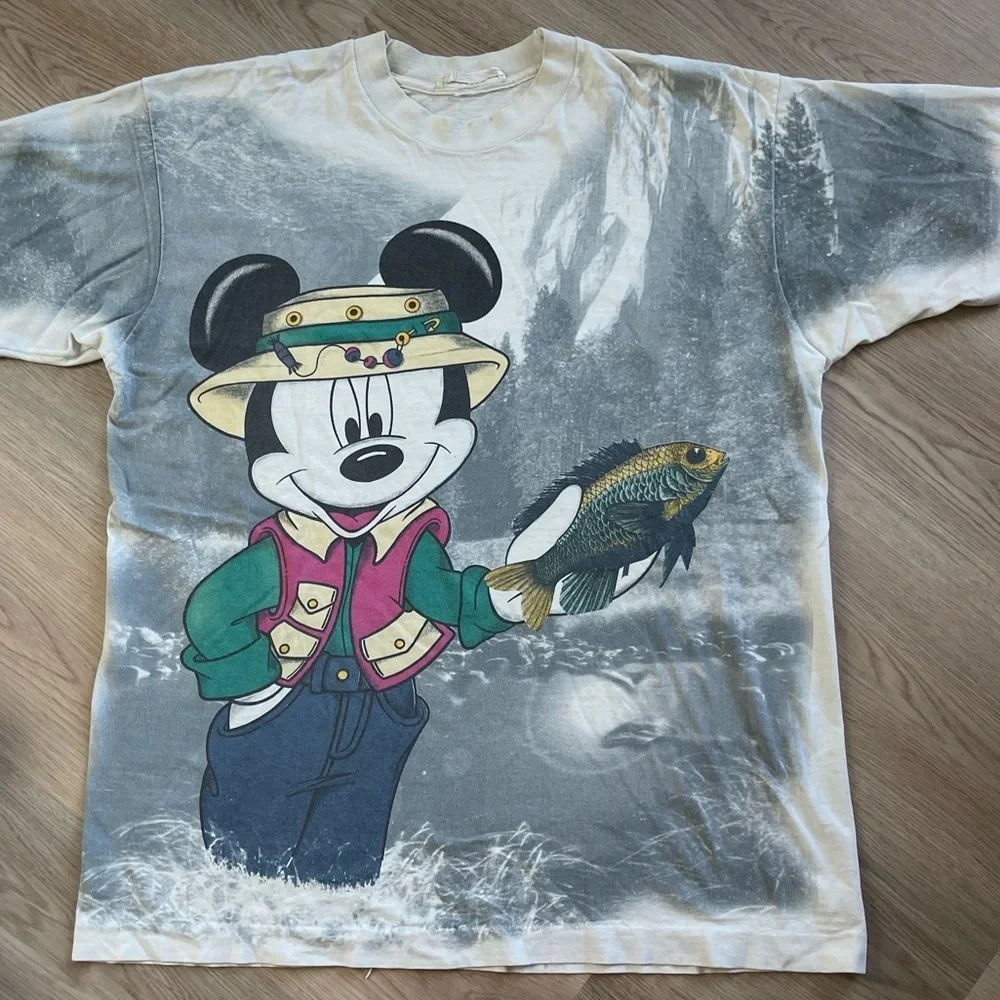 Vintage Single Stitch Mickey Mouse AOP Fish Fishing Tee Large Unisex